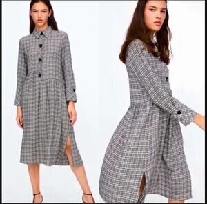 Zara Basics Plaid Shirt Dress Women's Medium Black White Midi Asymmetrical Hem